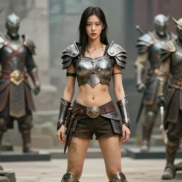 full body fantasy female huntress, korean model looks, attractive, with shiny shoulder hindu armour, carved breastplate, short brief pants, dirt on skin, open fantasy, character outfit display, movie photography, by craig mullins, james jean, artgerm, hitomi
