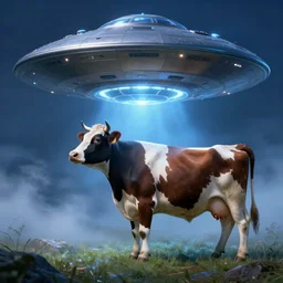 A Large UFO Abducting a Cow, Blue Mist, exquisite details