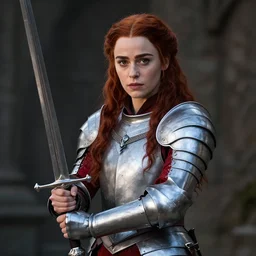 emilia clarke, as a medieval fantasy character, with dark red hair, wearing light, silver armor and red clothing, olive complexion, holding a longsword, determined expression, noble, cinematic, dark, realistic, digital art, 8 k