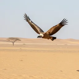 a vulture flying over an empty desert