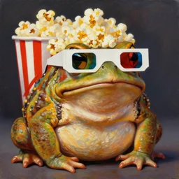 hyper realistic oil painting of a fat toad wearing anaglyph! 3 d glasses with popcorn pot, vibrant colors, high contrast, by greg rutkowski and denis villeneuve, trending on artstation
