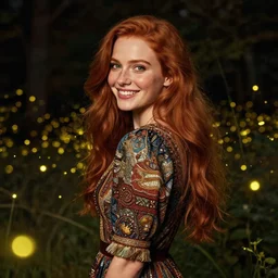 a happy, modern looking young woman looking over shoulder, intricate detailed dress, among the lights of golden fireflies and nature, long loose red hair, green eyes, small nose with freckles, triangle shape face, smiling, golden ratio, high contrast, hyper realistic digital art by artemisia lomi gentileschi and caravaggio and artgerm.