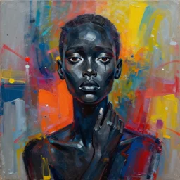 abstract fine art, black lady model, face symmetry, nice pose, rule of thirds, eye symmetry, colorful spray paint splatters, expressive, abstract art, by greg rutkowski, by jeremy mann, by francoise nielly, 4 k, 8 k, correct body proportion, vivid dark color style, expressive sad face, black woman model