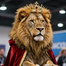 award winning cosplay photo of a lion wearing a crown, detailed fur, 4k 8k, red velvet cape, anthropomorphic lion, comicon, cosplay contest, wizard of oz