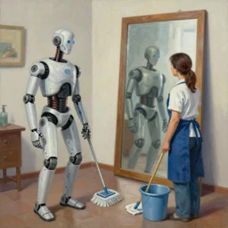 “a painting in the style of Manuel Ocampo, of a cyborg and a cleaning lady holding a bucket and mop looking at a large mirror ”