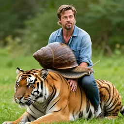 brad pitt as a snail riding on the back of a tiger photorealistic