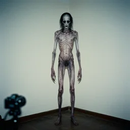 detailed photo of a creepy, incredibly tall, skinny and pale creature stood in the corner of an empty room captured on a film camera