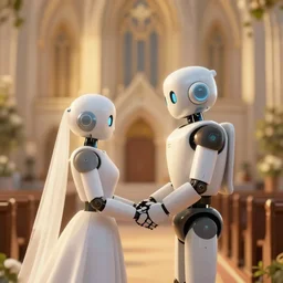 two robots marry in church, detailed, beautiful, golden hour, tokyo suburbs, digital art, unreal engine, bokeh, octane render, 8 k hd