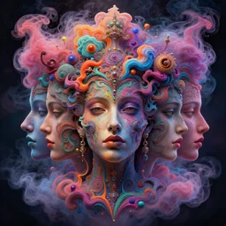 colorful liquid smoke and clouds forming detailed faces, extremely colorful psychedelic experience, dmt, psilocybin, lsd, intricate, elegant, highly detailed, digital painting, artstation, smooth, sharp focus, illustration, art by alex grey, hana yata, beeple, josephine wall, octane render, unreal engine, 8 k