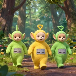 teletubbies walking in a forest, in the croods movie style, creepypasta, anime, disney, pixar, 8 k, hd, dof, kodak film, volumetric lighting, subsurface scattering, photorealistic, octane render, details