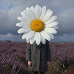 portrait, giant daisy flower head, a girl wearing coat in heather field, surreal photography, wind and cold, dramatic sky, impressionist painting, digital painting, artstation, simon stalenhag