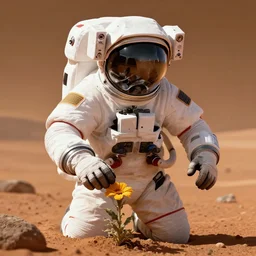 epic portrait cinematic shot an astronaut finding a flower on mars, 3 d cgi render, highly detailed, realistic,