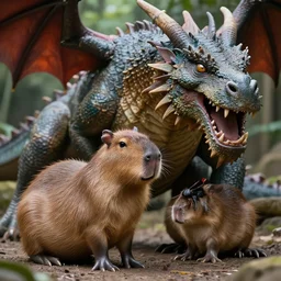 two animals : a little capybara and a huge dragon, hyperrealistic, many details, high quality, 8 k