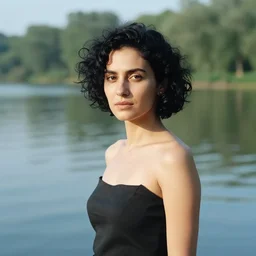 portrait of a woman standing in a lake, short black curly hair, by marat safin