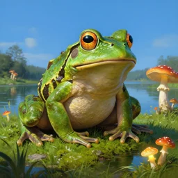 photo of a giant frog, guardian of the holy lake, bizarre, moss, grassy, beautiful environment, glowing mushrooms, clear blue sky, digital painting, highly detailed, masterpiece, art by andreas achenbach, august macke, alice bailly
