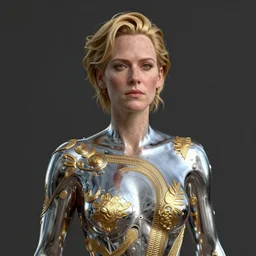 a realistic octane render physically based rendering chrome plated tilda swinton, trending on artstation, by archan nair and marlene dumas, intricate details, gilded, in the style of frank auerbach