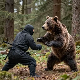 kodiak bear fighting a ninja in a forest clearing
