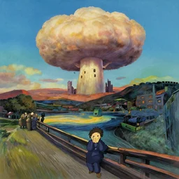 mushroom cloud ghost city in the style of studio ghibli, miyazaki, jim woodring, edvard munch