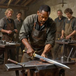 hyper realistic will smith as a blacksmith making a sword painting by karl kopinski kim jung giu and weta studio, and lucasfilm and jesper ejsing and norman rockwell greg rutkowski frank frazzeta