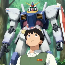close up pilot, looking up at giant mech, forest, key art, sharp lines, towering above a small person, aesthetic, anime, trigger, shigeto koyama, hiroyuki imaishi