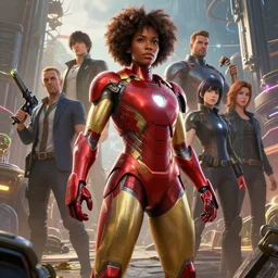 highly detailed an african american woman in with the ironman suit from the future gta v, stephen bliss, unreal engine, fantasy art by greg rutkowski, loish, rhads, ferdinand knab, makoto shinkai and lois van baarle, ilya kuvshinov, rossdraws, tom bagshaw, global illumination, radiant light, detailed and intricate environment