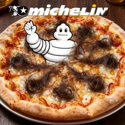a pizza with hairs, Michelin star, promo photography, lots of hair on the pizza, hair strands on pizza, cursed