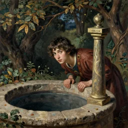 a young man peeking inside a well, mysticism, oil painting, masterpiece, medieval art, nature
