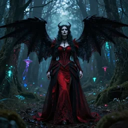 Female dark angel in gothic red and black dress, their black wings are extended. She is in the bioluminescent forest. Horror scene, highly detailded. By Rembrandt and artstation trending