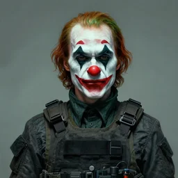 portrait of a pale clown wearing tactical clothes, the nose of the clown is a red grenade, cyberpunk, matte painting, trending on artstation, by greg rutkowski, by greg manchess, by eytan zana