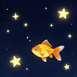 a small goldfish in space with many stars in the background concept art by petros afshar, victor mosquera, kurzgesagt style. colourful 2 d cartoon, matte background, luminescent, space art, cosmic horror. behance contest winner
