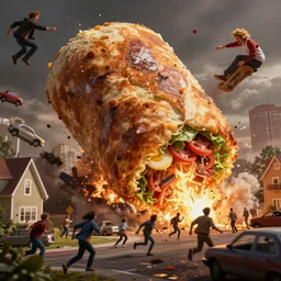giant burritos!! falling into and exploding suburban buildings and cars, people running and screaming in terror, dim volumetric lighting, 8 k octane beautifully detailed render, extremely detailed, epic composition, giant food natural disaster, cinematic lighting, masterpiece, trending on artstation, detailed detailed detailed, masterpiece, stunning art by anders zorn, wonderful masterpiece by greg rutkowski, beautiful cinematic light, american romanticism by greg manchess, jessica rossier