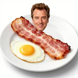 kevin bacon as a slice of side bacon on a plate with eggs