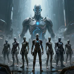 Humanity under the rule of an AI overlord, highly detailed, digital art, photorealistic