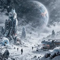 Cyberpunk apocalyptic winter landscape, ice, snow storm, distant planet, hypermaximalistic, high details, cinematic, 8k resolution, beautiful detailed, insanely intricate details, artstation trending, octane render, unreal engine