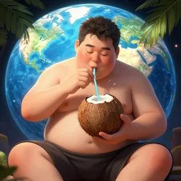 fat person eating coconuts, global lighting, digital art, artstation