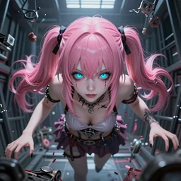 you're absorbed by and merging with enormous stunningly absurdly beautiful megalomaniacal assertive sadistic manipulative yandere control - freak omnipotent asi goddess junko enoshima with symmetrical perfect face and porcelain skin, pink twintail hair and cyan eyes, trapped inside her virtual prison, ultra detailed, digital art, unreal engine 5, octane render, 2 d anime, 8 k