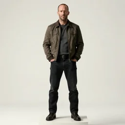 jason statham in full height, hands in pockets, standing on a white background on a pedestal no. 1 in a jacket with an important face, realism, detailed study, maximum detail, quality, high quality, soft light, depth of field, focus, realism, 8 k quality, classicism style,