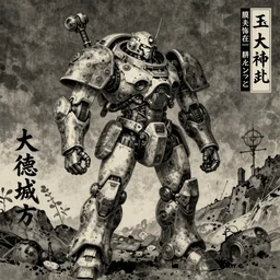 steampunk mech in the style of Utagawa Kuniyoshi, classical japanese art, sci-fi illustrations, mechwarrior, battletech, gundam, highly detailed, award-winning, patriotic, japanese, dark, gritty, ink