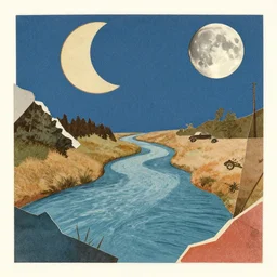 A collage of a river reaching to the moon, mid-century modern, made of random shapes cut from magazines