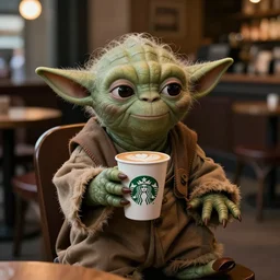 yoda from star wars sitting comfortably in a starbucks drinking a latte in the evening. color photo, 8 5 mm high depth of field, warm color palette.