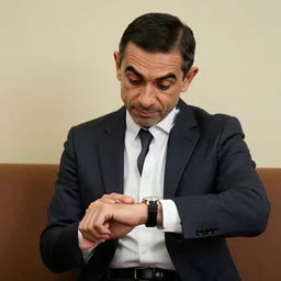 Mr. Bean waiting impatiently looking at his watch