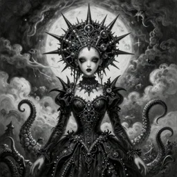 By Tom Bagshaw, ultra realist soft painting of a curiosities carnival ornaments spikes and tentacles by night, very beautiful female dollpunk in full gothic dress and black eyes, symmetry accurate features, very intricate details, omnious sky, black and white, volumetric light clouds
