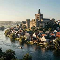 a fantastic medieval township on the banks of a giant river, morning, beautiful, high contrast, 4 k, cinematic
