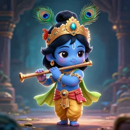 little lord krishna, wearing a peacock feather on his crown, holding flute in one hand, structured hand, cute face, focus, full body, anime, chibi, illustration, concept art trending on artstation, devainart, clear face, cinematic lighting, atmospheric, magical effect, glowing effect, hd, hyperdetailed, hyperreal