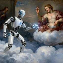 modern ex machina mechanical robot on the clouds is touching a human with lightning fingers, classical religious painting, michelangelo, concept art, disney, stanley kubrick
