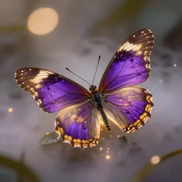 macro photography of a purple and gold butterfly, bokeh, glowing fog, trending on artstation