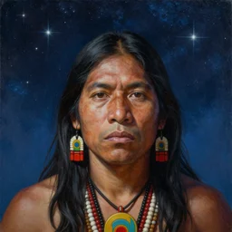 a beautiful painting of an amazonian ayahuasca male shaman, highly detailed, realistic face, starry sky, canopee, matte painting, by christophe vacher