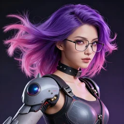 a award winning action upper body portrait of a beautiful woman with glasses and ombre purple pink hairstyle with head in motion and hair flying, choker, outrun, vaporware, vivid colors, highly detailed, fine detail, intricate