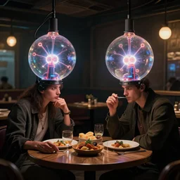 two spherical glass plasma lamp heads with normal human bodies and clothes having an awkward dinner date in a dimly lit cafe. cyberpunk dystopia. 2 d digital art, intricate, sharp focus, illustration, highly detailed, dramatic lighting