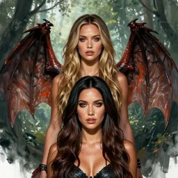 full body portrait of a genetic mix of mila kunis and megan fox with two dragon wings, ultra realistic. highly detailed face with fire eyes, digital painting, 8 k, forest background. artstation, ultra realistic. elegant, artstation, in the style of artgerm, donato giancola, joseph christian leyendecker, wlop and boris vallejo